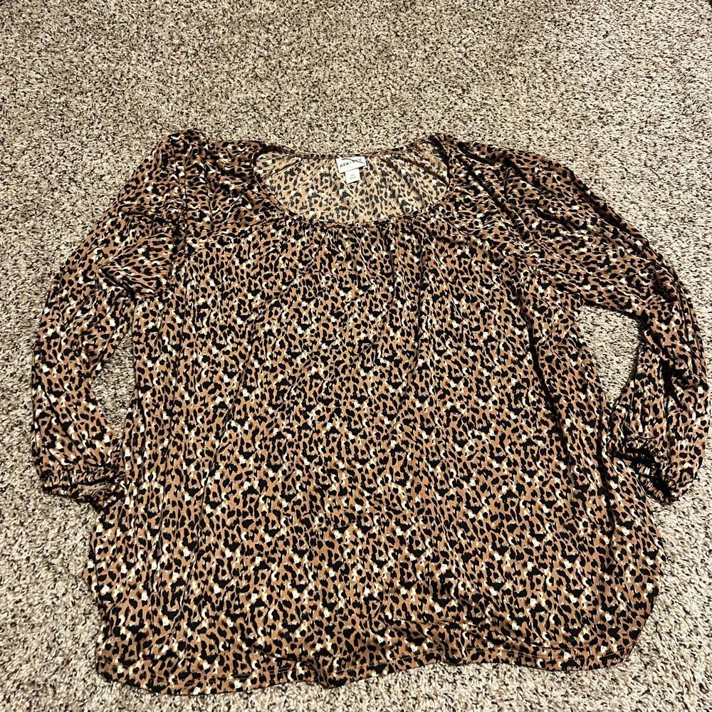 AVA & VIV Leopard Print Long Sleeve Blouse Plus Size 2X Casual Top